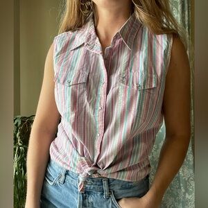 Wrangler pink and blue striped sleeveless pearl snap button down